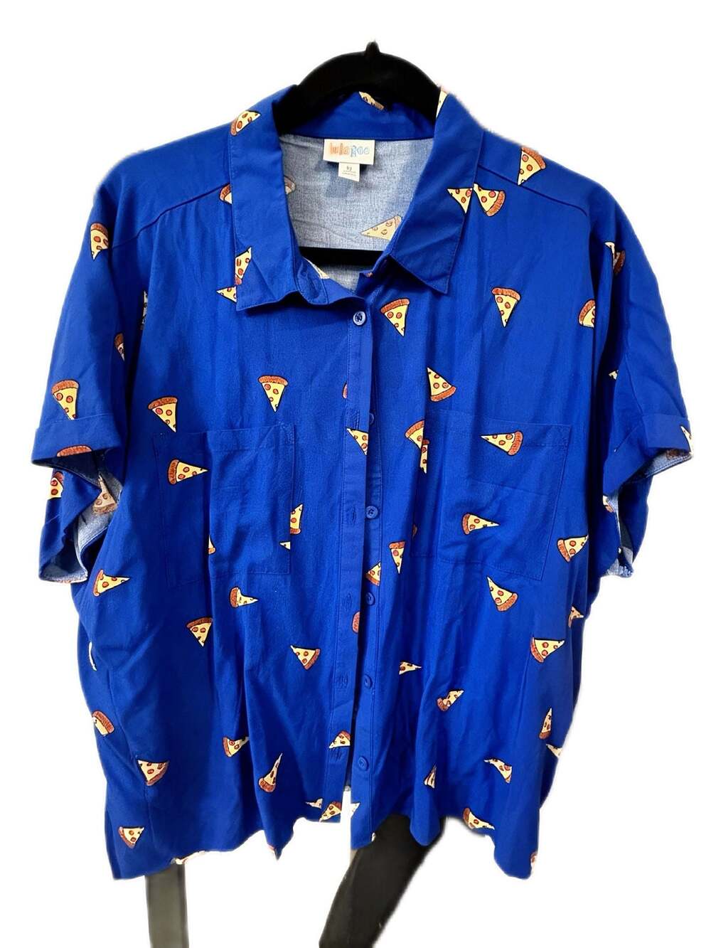 LuLaRoe Amy Short Sleeve Button-Down Shirt in Blue Pizza Print